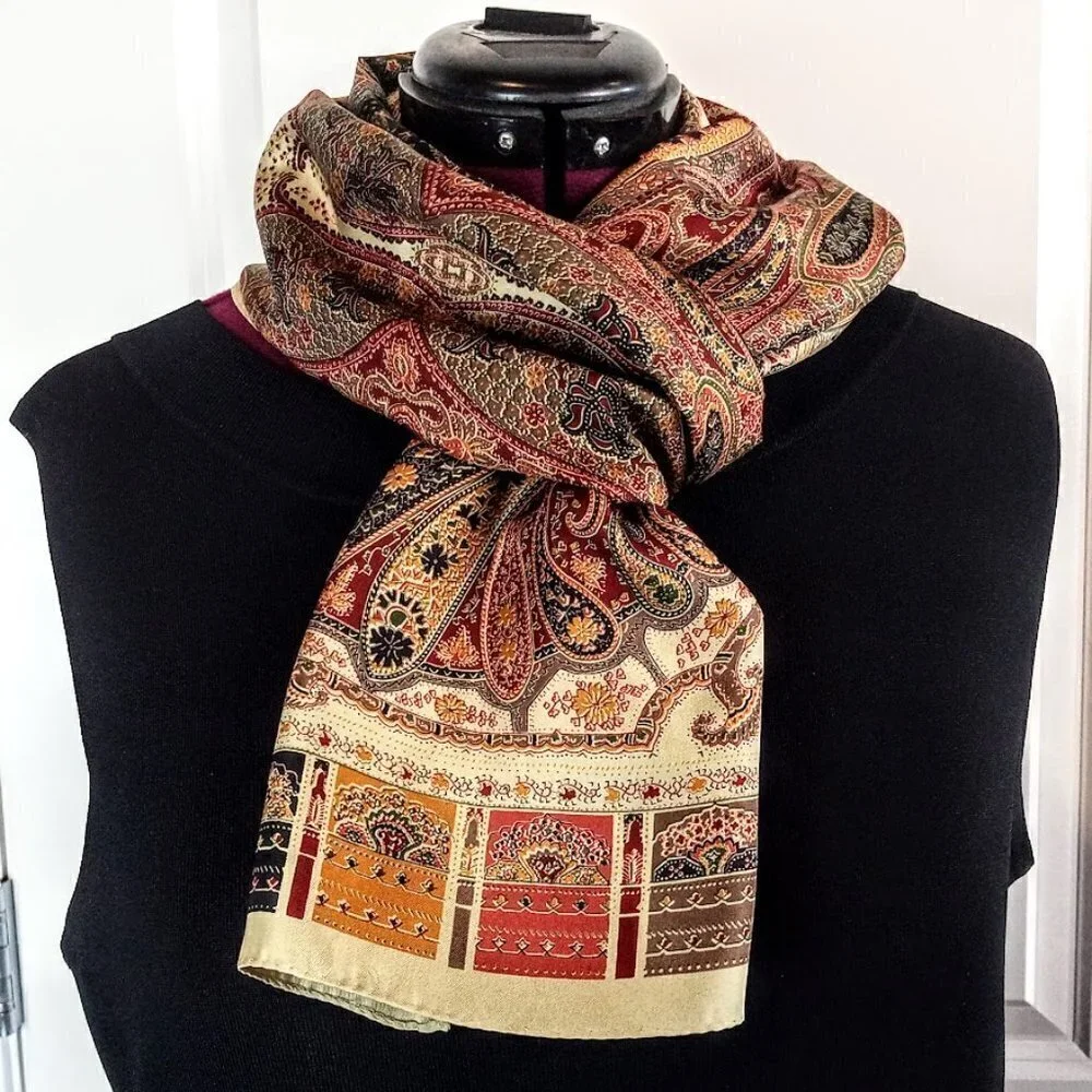 Gold Green Orange Red Paisley Oblong Silk Scarf